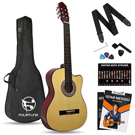 Fourtune Luca CW-200NT Naturel Kesik Kasa Klasik Gitar Seti 4/4 Sap Ayarlı (Cutaway)