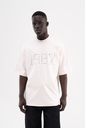 Erkek 1987 Taşlı İnterlok Oversize Tişört Açık Pembe