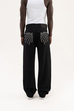 Erkek Studs Embellished Baggy Jean Pantolon Siyah