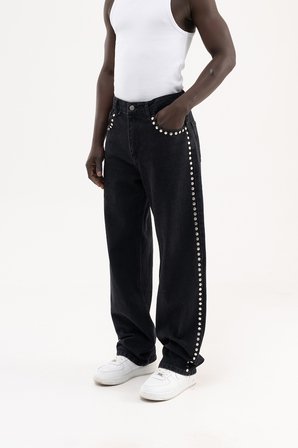 Erkek Studs Embellished Baggy Jean Pantolon Siyah