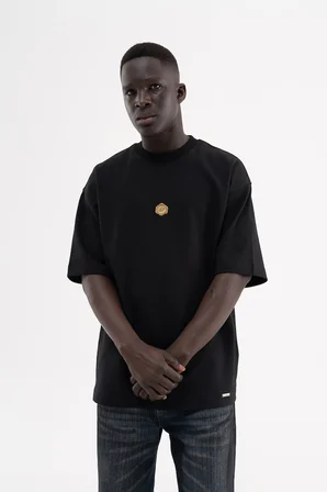 Erkek Seal Baskılı Double Face Oversize Tişört Siyah
