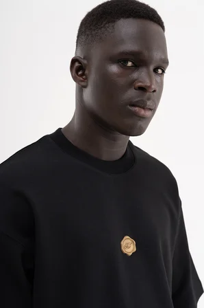 Erkek Seal Baskılı Double Face Oversize Tişört Siyah