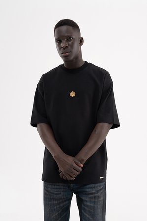 Erkek Seal Baskılı Double Face Oversize Tişört Siyah