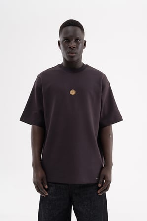 Erkek Seal Baskılı Double Face Oversize Tişört Koyu Kahverengi