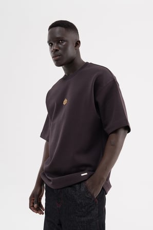 Erkek Seal Baskılı Double Face Oversize Tişört Koyu Kahverengi