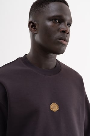 Erkek Seal Baskılı Double Face Oversize Tişört Koyu Kahverengi