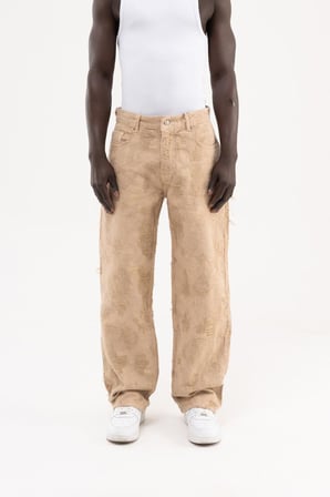 Erkek Yıpranmış Desenli Baggy Jean Pantolon Bej