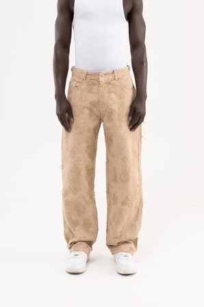 Erkek Yıpranmış Desenli Baggy Jean Pantolon Bej