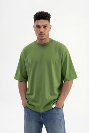 Erkek Basic Pamuklu Super Oversize Tişört Kale Yeşili