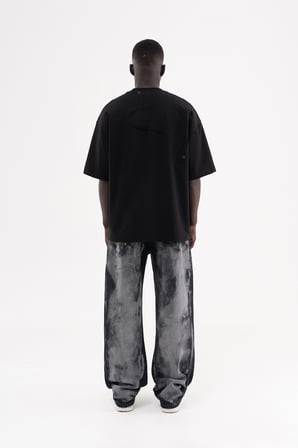 Erkek Çiçek Nakışlı Double Face  Oversize Tişört Siyah