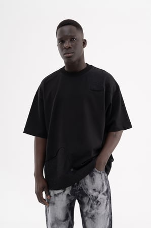 Erkek Çiçek Nakışlı Double Face  Oversize Tişört Siyah