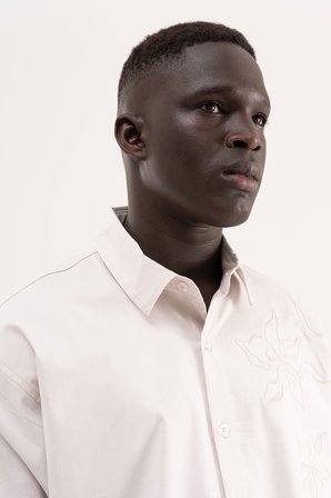 Erkek Çiçek Nakışlı Oversize Gömlek Taş