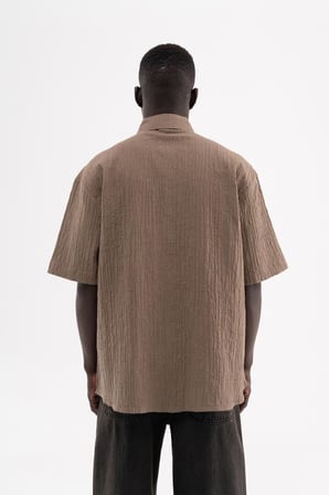 Erkek Oversize Nakışlı Pamuk Oversize Gömlek Koyu Kahverengi