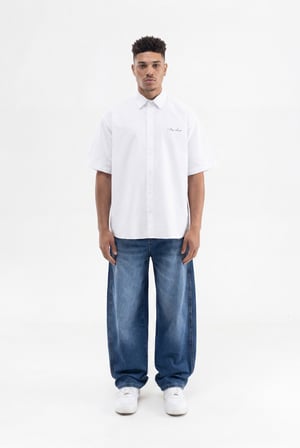 Erkek Baskılı Nakışlı Oversize Gömlek Beyaz