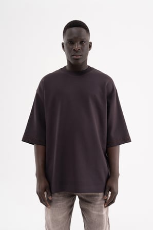 Erkek Etnik Nakışlı Double Face Oversize Tişört Koyu Kahverengi
