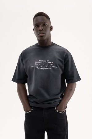 Erkek M Logo Patched Washing Tee Oversize Tişört Siyah