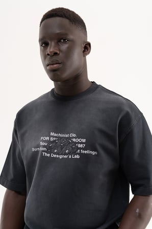 Erkek M Logo Patched Washing Tee Oversize Tişört Siyah