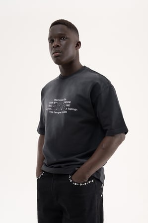 Erkek M Logo Patched Washing Tee Oversize Tişört Siyah