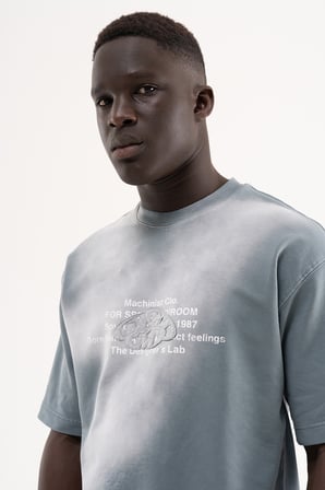 Erkek M Logo Patched Washing Tee Oversize Tişört Gri