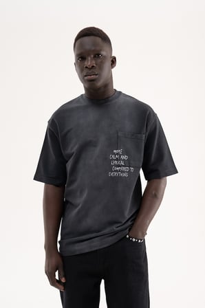 Erkek Printed Pocket Tee Oversize Tişört Siyah