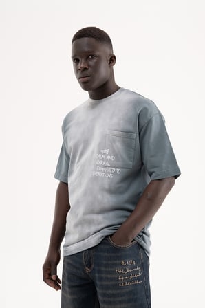 Erkek Printed Pocket Tee Oversize Tişört Gri
