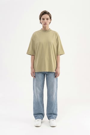 Kadın Basic Oversize Pamuklu Süprem T-Shirt Küf Yeşili