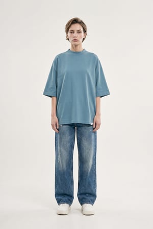 Kadın Basic Oversize Pamuklu Süprem T-Shirt Soluk Mavi