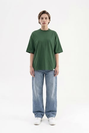Kadın Basic Oversize Pamuklu Süprem T-Shirt Nefti Yeşili