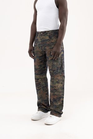Erkek Etnik Desenli Jakarlı Baggy Jean Pantolon Siyah