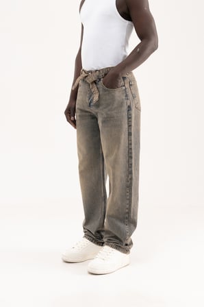 Erkek Oversize Baggy Yıkamalı Jean Pantolon Açık Kahverengi