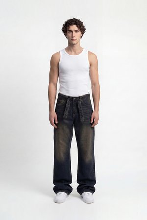 Erkek Oversize Baggy Yıkamalı Jean Pantolon Kahverengi-Mavi