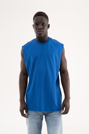 Erkek Oversize Bisiklet Yaka Basic Atlet Saks Mavi