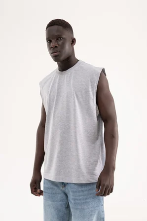Erkek Oversize Bisiklet Yaka Basic Atlet Gri Melanj