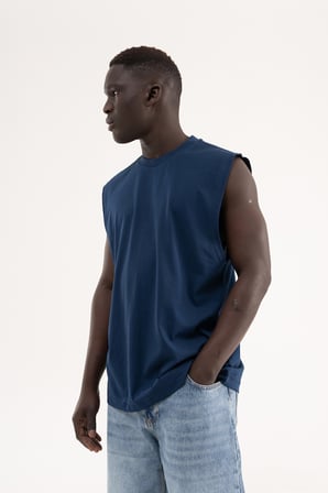 Erkek Oversize Bisiklet Yaka Basic Atlet Indigo