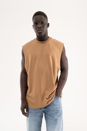 Erkek Oversize Bisiklet Yaka Basic Atlet Kapuçino