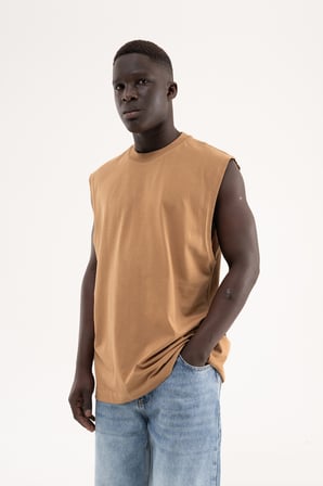 Erkek Oversize Bisiklet Yaka Basic Atlet Kapuçino