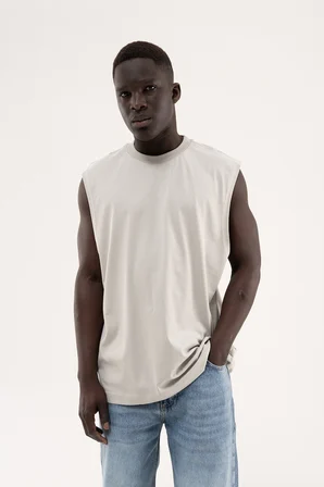 Erkek Oversize Bisiklet Yaka Basic Atlet Boyama Gri