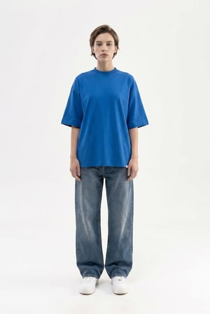 Kadın Basic Oversize Pamuklu Süprem T-Shirt Saks Mavi