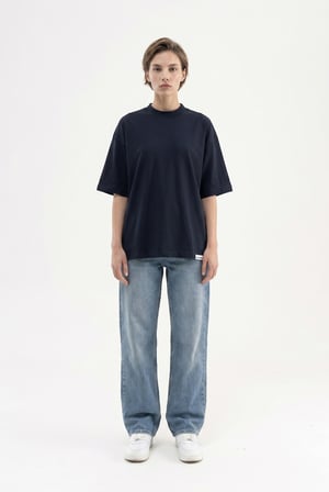 Kadın Basic Oversize Pamuklu Süprem T-Shirt Lacivert