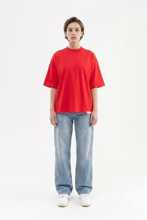 Kadın Basic Oversize Pamuklu Süprem T-Shirt Kırmızı