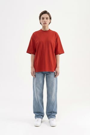 Kadın Basic Oversize Pamuklu Süprem T-Shirt Kiremit