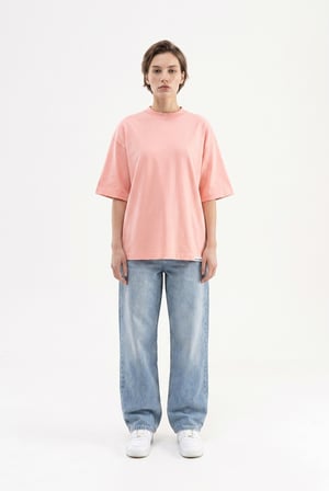 Kadın Basic Oversize Pamuklu Süprem T-Shirt Koyu Pudra