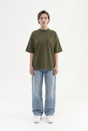 Kadın Basic Oversize Pamuklu Süprem T-Shirt Koyu Haki