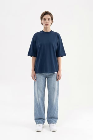 Kadın Basic Oversize Pamuklu Süprem T-Shirt Indigo