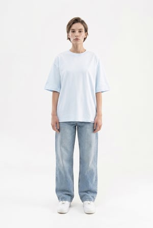 Kadın Basic Oversize Pamuklu Süprem T-Shirt Buz Mavisi