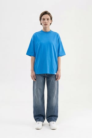 Kadın Basic Oversize Pamuklu Süprem T-Shirt Mavi