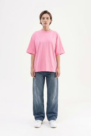 Kadın Basic Oversize Pamuklu Süprem T-Shirt Şeker Pembe