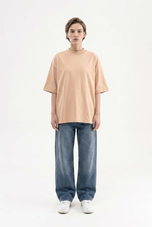 Kadın Basic Oversize Pamuklu Süprem T-Shirt Vizon