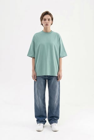 Kadın Basic Oversize Pamuklu Süprem T-Shirt Yosun Yeşili