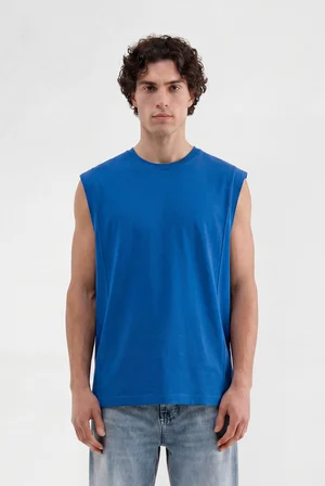 Erkek Önü Dikiş Detaylı Oversize Atlet Saks Mavi